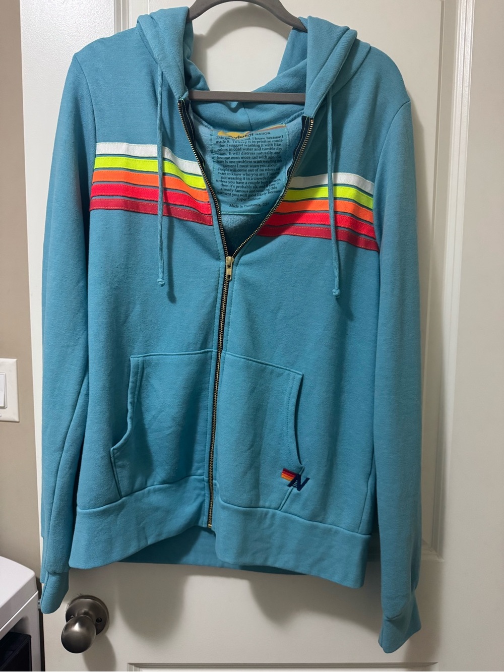 Aviator Nation Teal Zip-Up Hoodie with Rainbow Chest Stripes